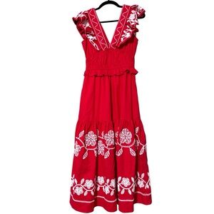Strut & Bolt embroidered midi dress linen sleeveless sun dress floral ruffle SM